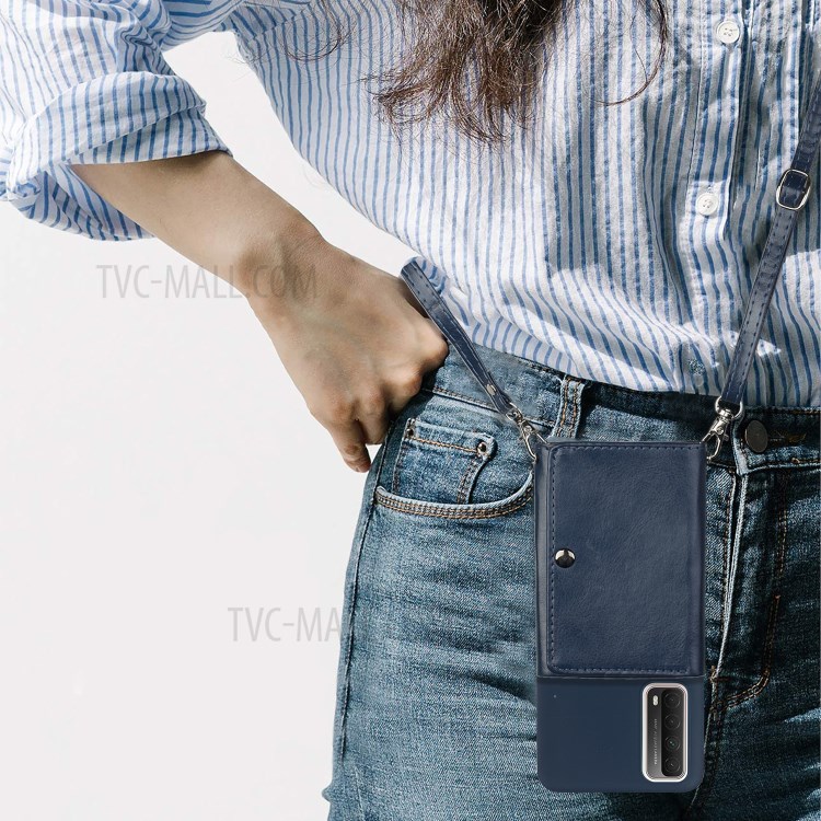 Leather Wallet Kickstand Phone Cover Case with Shoulder Strap for Huawei P Smart 2021 / Huawei Y7a - Dark Blue-5