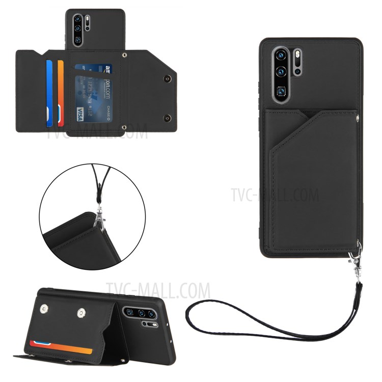 Stand Card Holder Rubberized Leather Skin TPU Phone Case for Huawei P30 Pro - Black-1
