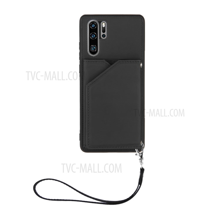Stand Card Holder Rubberized Leather Skin TPU Phone Case for Huawei P30 Pro - Black-2