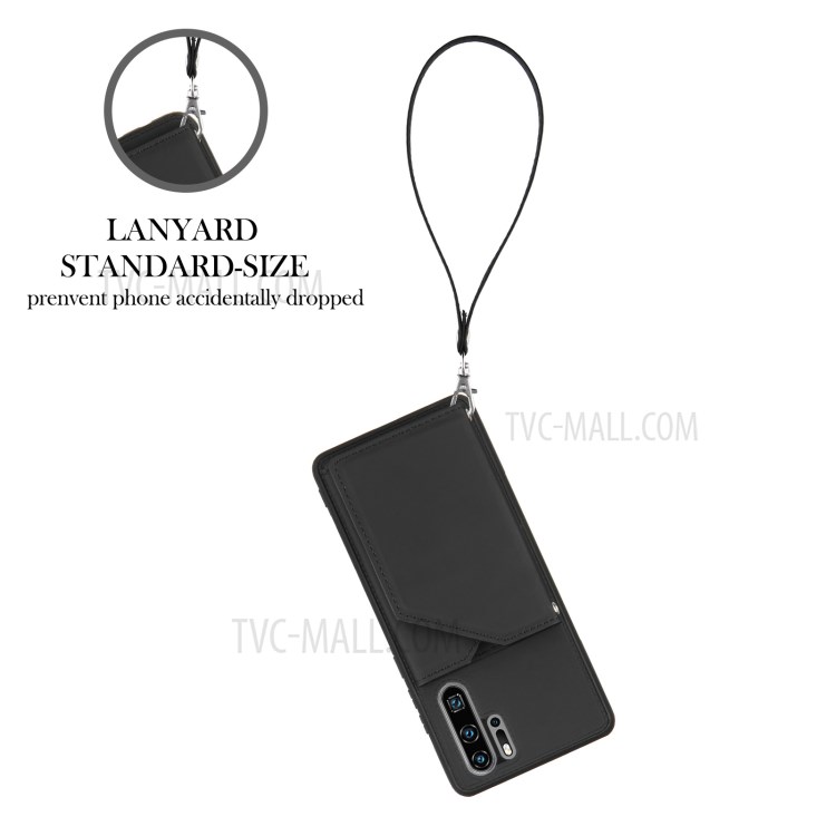 Stand Card Holder Rubberized Leather Skin TPU Phone Case for Huawei P30 Pro - Black-3