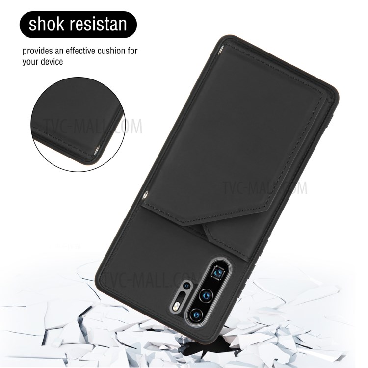 Stand Card Holder Rubberized Leather Skin TPU Phone Case for Huawei P30 Pro - Black-4