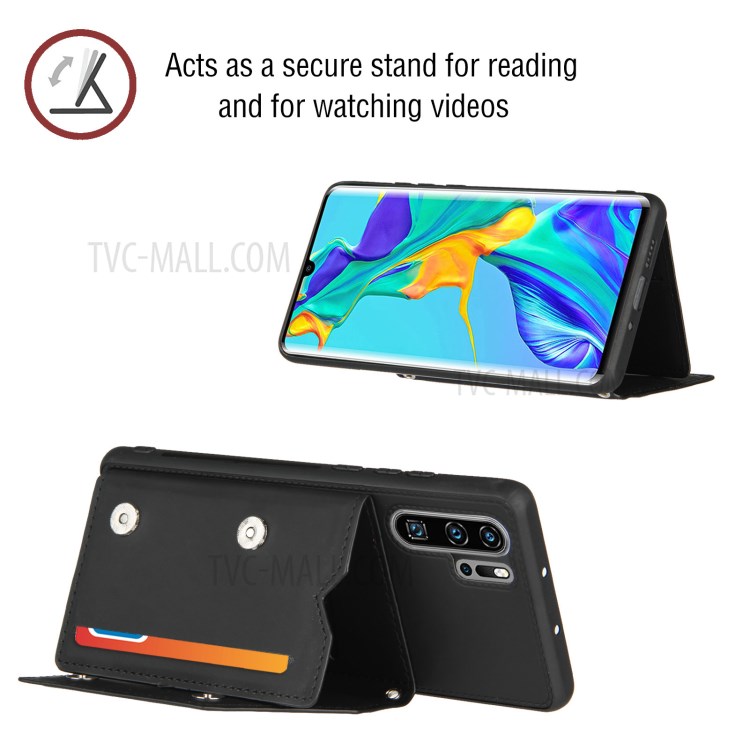 Stand Card Holder Rubberized Leather Skin TPU Phone Case for Huawei P30 Pro - Black-5