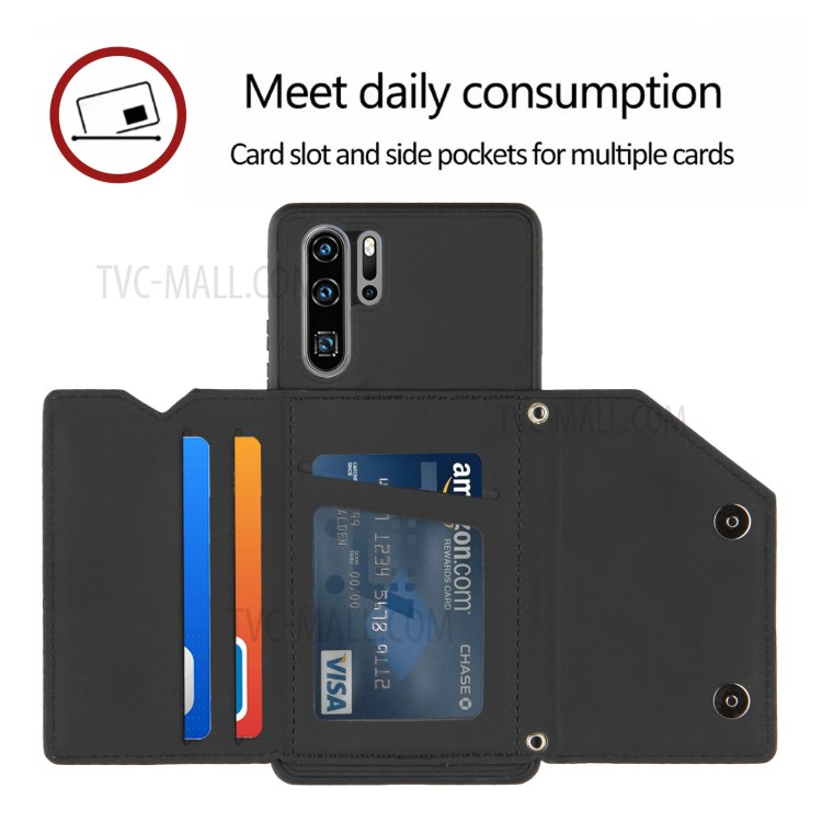 Stand Card Holder Rubberized Leather Skin TPU Phone Case for Huawei P30 Pro - Black-6