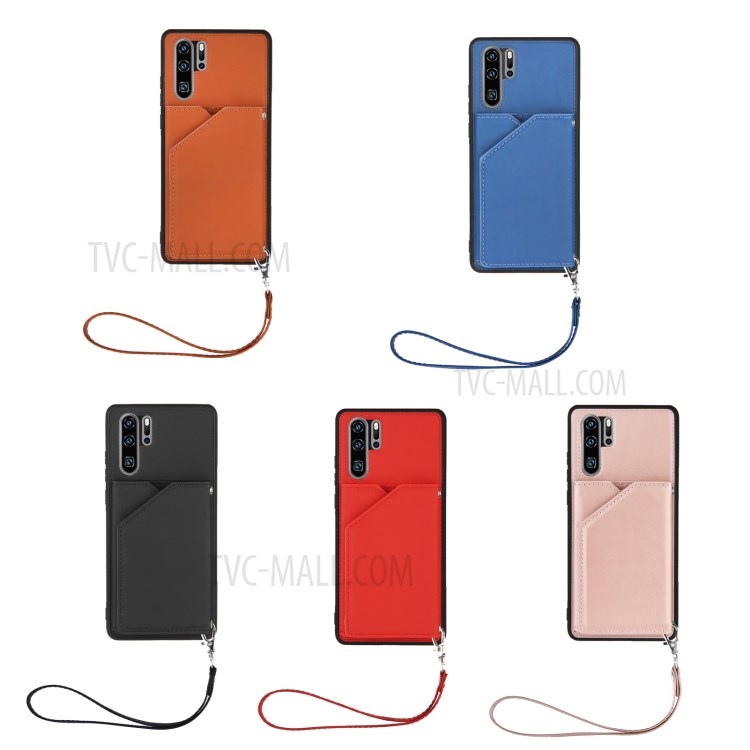 Stand Card Holder Rubberized Leather Skin TPU Phone Case for Huawei P30 Pro - Black-7