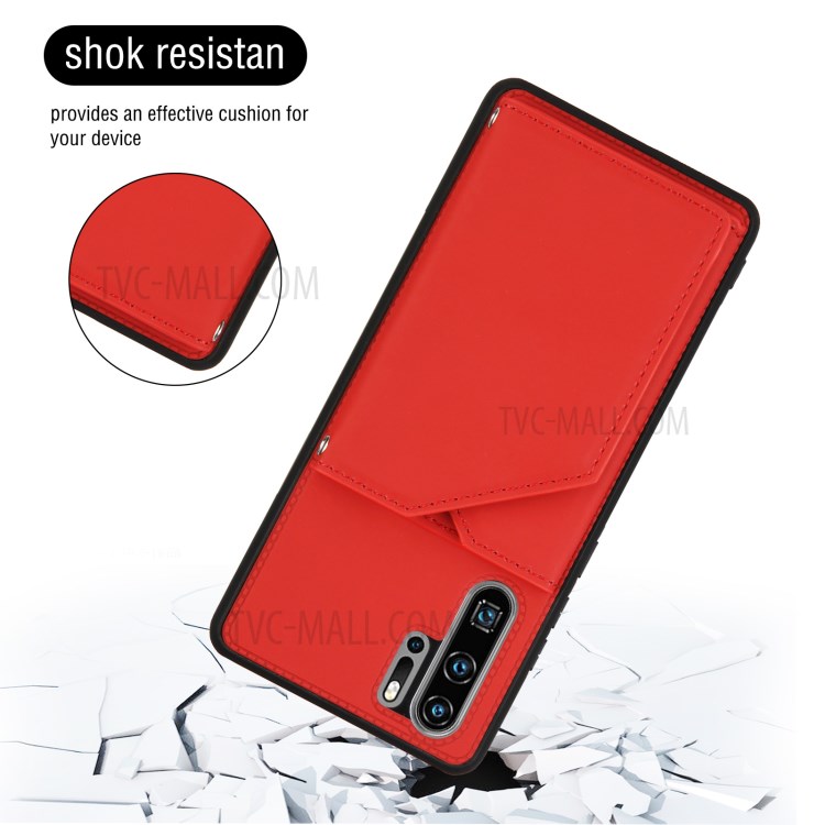 Stand Card Holder Rubberized Leather Skin TPU Phone Case for Huawei P30 Pro - Red-3