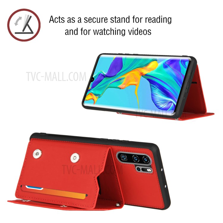 Stand Card Holder Rubberized Leather Skin TPU Phone Case for Huawei P30 Pro - Red-4