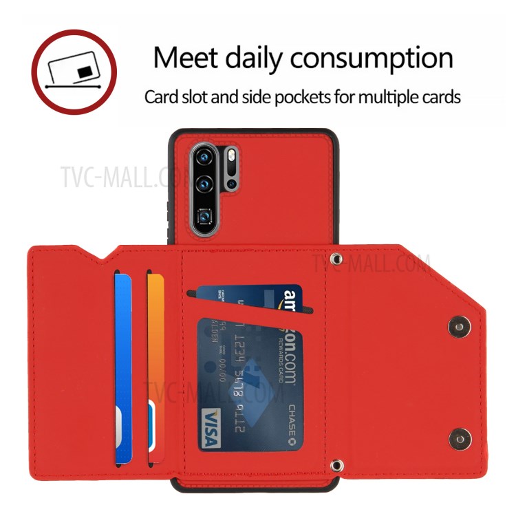 Stand Card Holder Rubberized Leather Skin TPU Phone Case for Huawei P30 Pro - Red-5