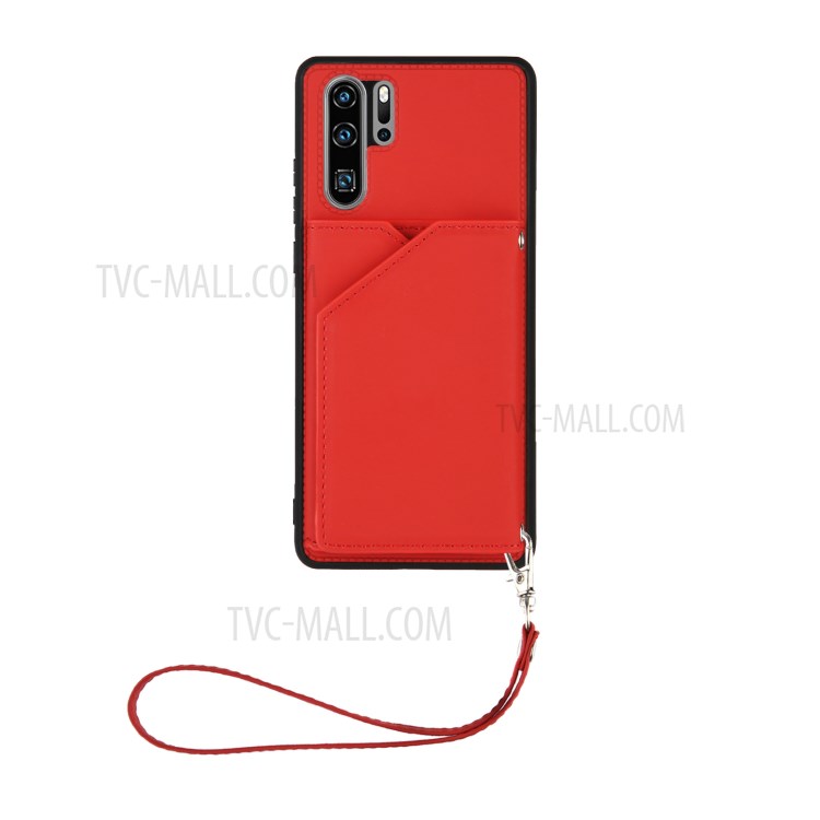 Stand Card Holder Rubberized Leather Skin TPU Phone Case for Huawei P30 Pro - Red-6