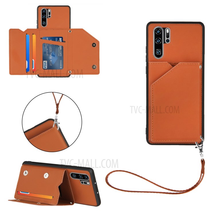 Stand Card Holder Rubberized Leather Skin TPU Phone Case for Huawei P30 Pro - Brown-1