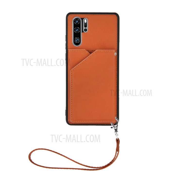 Stand Card Holder Rubberized Leather Skin TPU Phone Case for Huawei P30 Pro - Brown-2