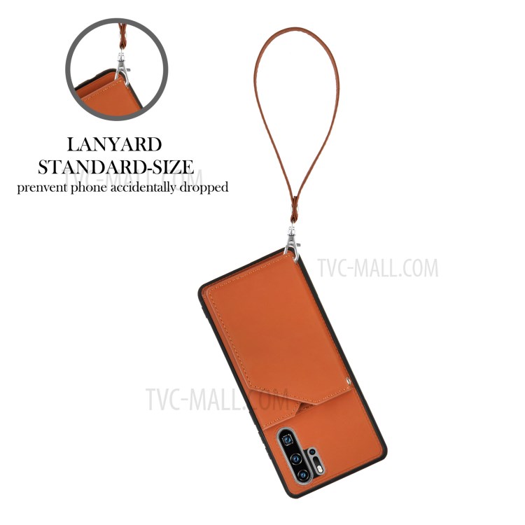 Stand Card Holder Rubberized Leather Skin TPU Phone Case for Huawei P30 Pro - Brown-3