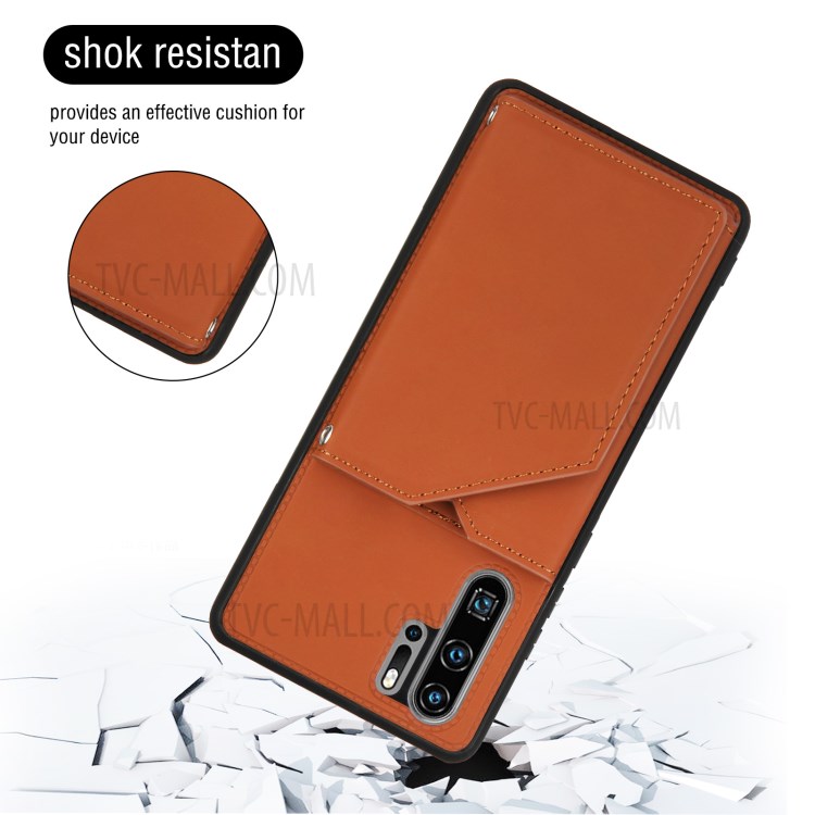 Stand Card Holder Rubberized Leather Skin TPU Phone Case for Huawei P30 Pro - Brown-4