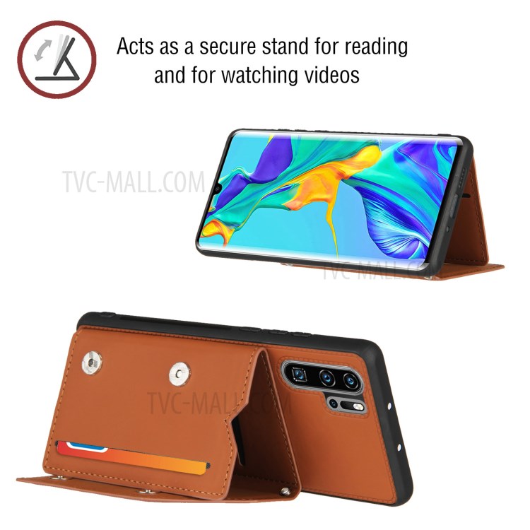 Stand Card Holder Rubberized Leather Skin TPU Phone Case for Huawei P30 Pro - Brown-5