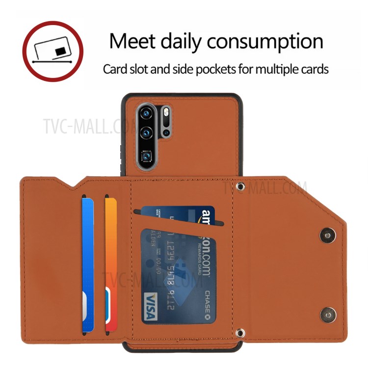 Stand Card Holder Rubberized Leather Skin TPU Phone Case for Huawei P30 Pro - Brown-6