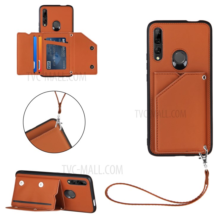 Stand Card Holder Rubberized Leather Skin TPU Phone Case for Huawei P Smart Z / Huawei Y9 Prime 2019 - Brown-1