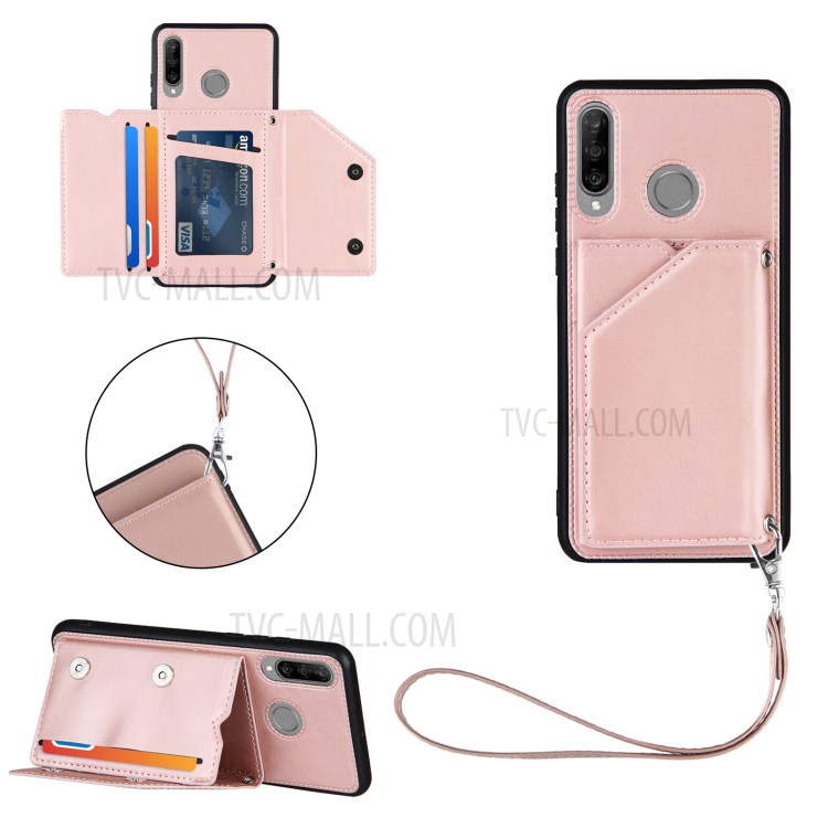 Cassa Del Telefono TPU Della Pelle Della Pelle Della Pelle Della Pelle Della Carta Del Supporto Per Huawei P30 Lite - Oro Rosa-1