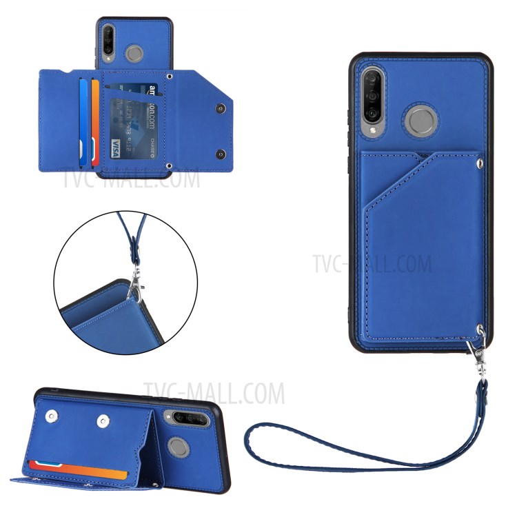 Stand Card Holder Rubberized Leather Skin TPU Phone Case for Huawei P30 Lite - Blue-1