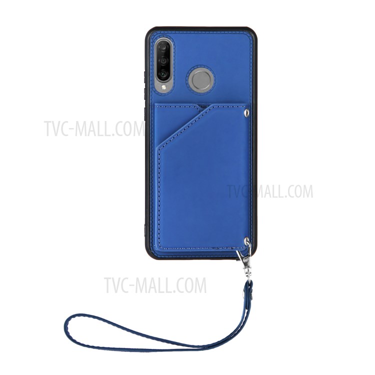 Stand Card Holder Rubberized Leather Skin TPU Phone Case for Huawei P30 Lite - Blue-2