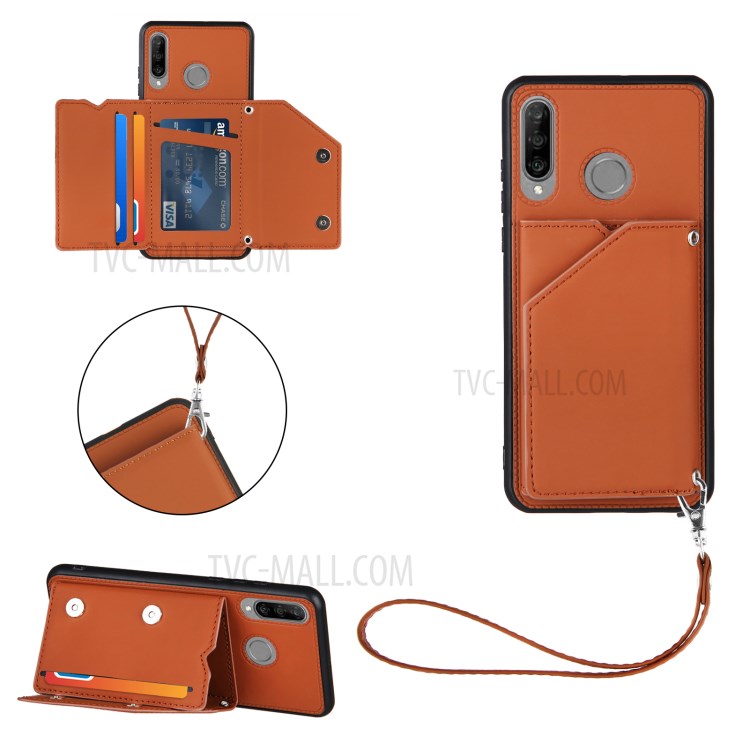 Stand Card Holder Rubberized Leather Skin TPU Phone Case for Huawei P30 Lite - Brown-1