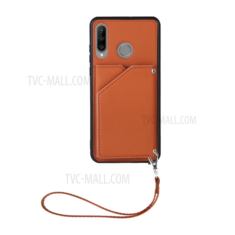 Stand Card Holder Rubberized Leather Skin TPU Phone Case for Huawei P30 Lite - Brown-2