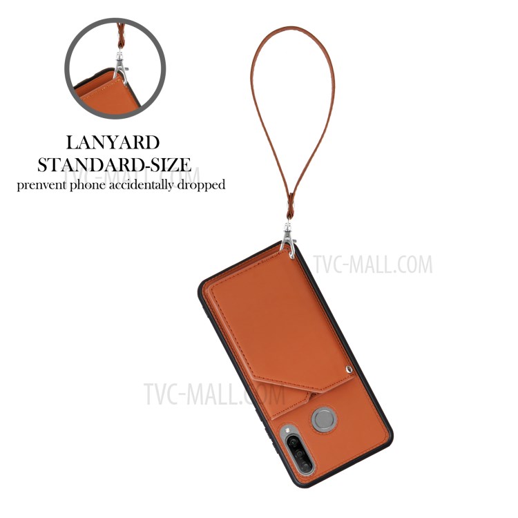 Stand Card Holder Rubberized Leather Skin TPU Phone Case for Huawei P30 Lite - Brown-3