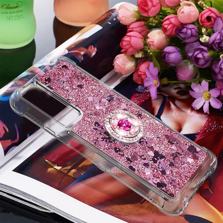 Shock-Absorbed Quicksand TPU Cell Phone Protective Shell with Ring Kickstand for iPhone 12 mini - Rose Gold-7