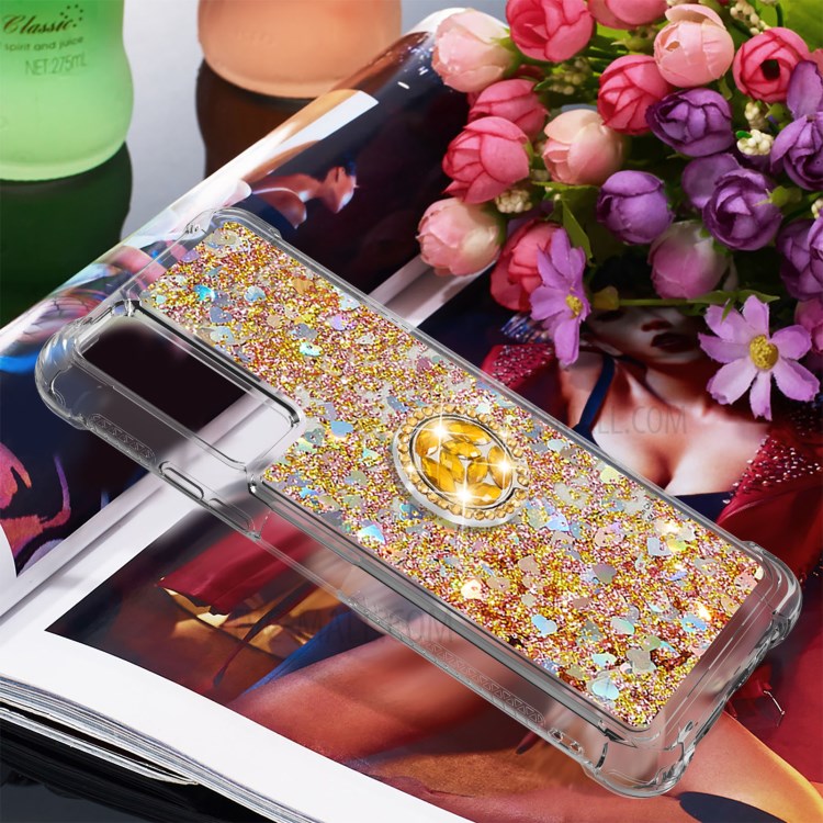 Shock-Absorbed Quicksand TPU Cell Phone Protective Shell with Ring Kickstand for iPhone 12 mini - Gold-7