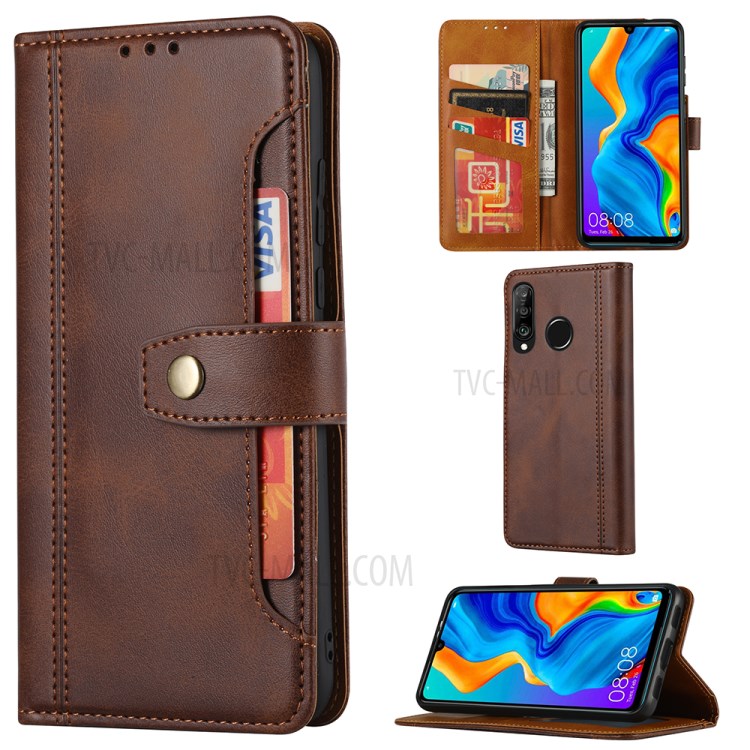 Leather Wallet Protective Cover for Huawei P30 Lite/nova 4e Stand Case - Brown-1