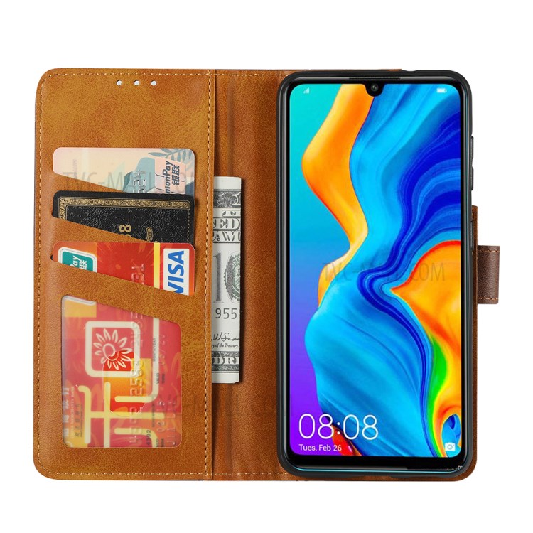 Leather Wallet Protective Cover for Huawei P30 Lite/nova 4e Stand Case - Brown-2