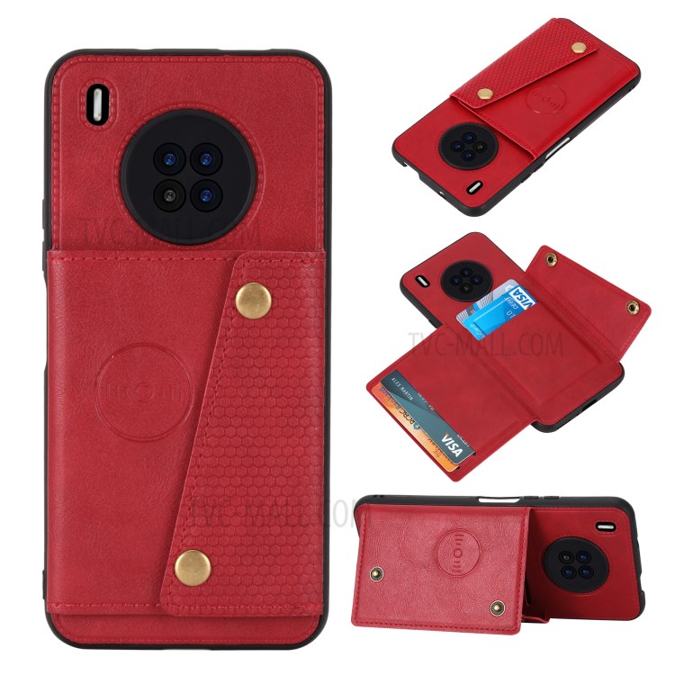 Built-in Magnetic Sheet Design PU Leather Coated TPU Shell Case Kickstand + Card Slots for Huawei Y9a - Red-1