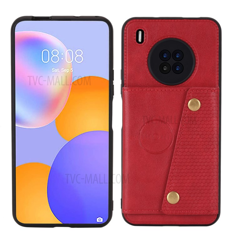 Built-in Magnetic Sheet Design PU Leather Coated TPU Shell Case Kickstand + Card Slots for Huawei Y9a - Red-2