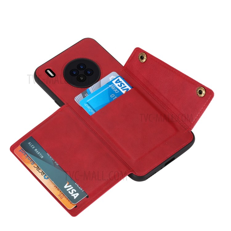 Built-in Magnetic Sheet Design PU Leather Coated TPU Shell Case Kickstand + Card Slots for Huawei Y9a - Red-6