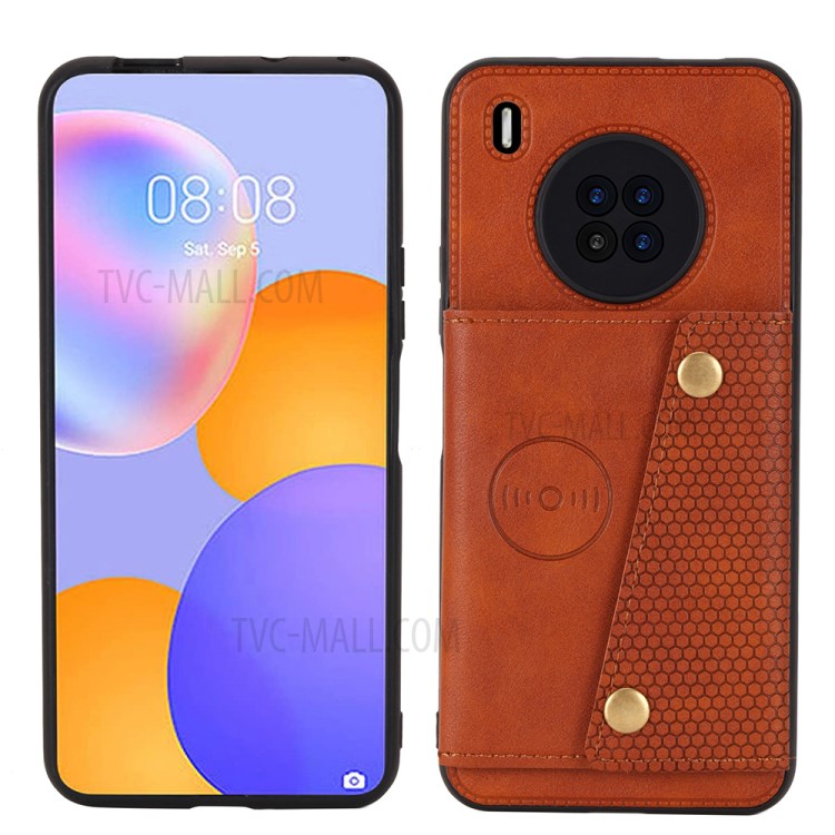Built-in Magnetic Sheet Design PU Leather Coated TPU Shell Case Kickstand + Card Slots for Huawei Y9a - Brown-2