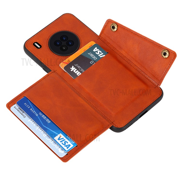 Built-in Magnetic Sheet Design PU Leather Coated TPU Shell Case Kickstand + Card Slots for Huawei Y9a - Brown-6