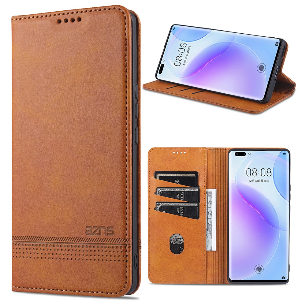 AZNS Auto-absorbed Magnetic Stand Wallet Leather Mobile Shell Case for Huawei Nova 8 Pro 5G - Brown-1