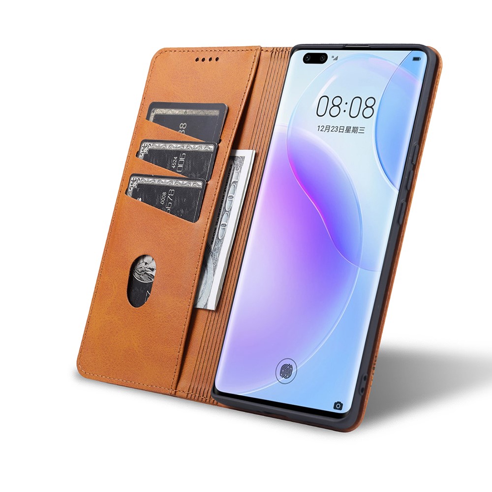 AZNS Auto-absorbed Magnetic Stand Wallet Leather Mobile Shell Case for Huawei Nova 8 Pro 5G - Brown-9