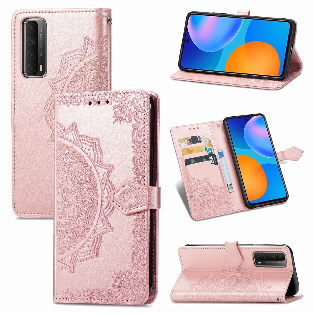 Embossed Mandala Flower Leather Case with Wallet Stand for Huawei P smart 2021 / Y7a - Rose Gold-1