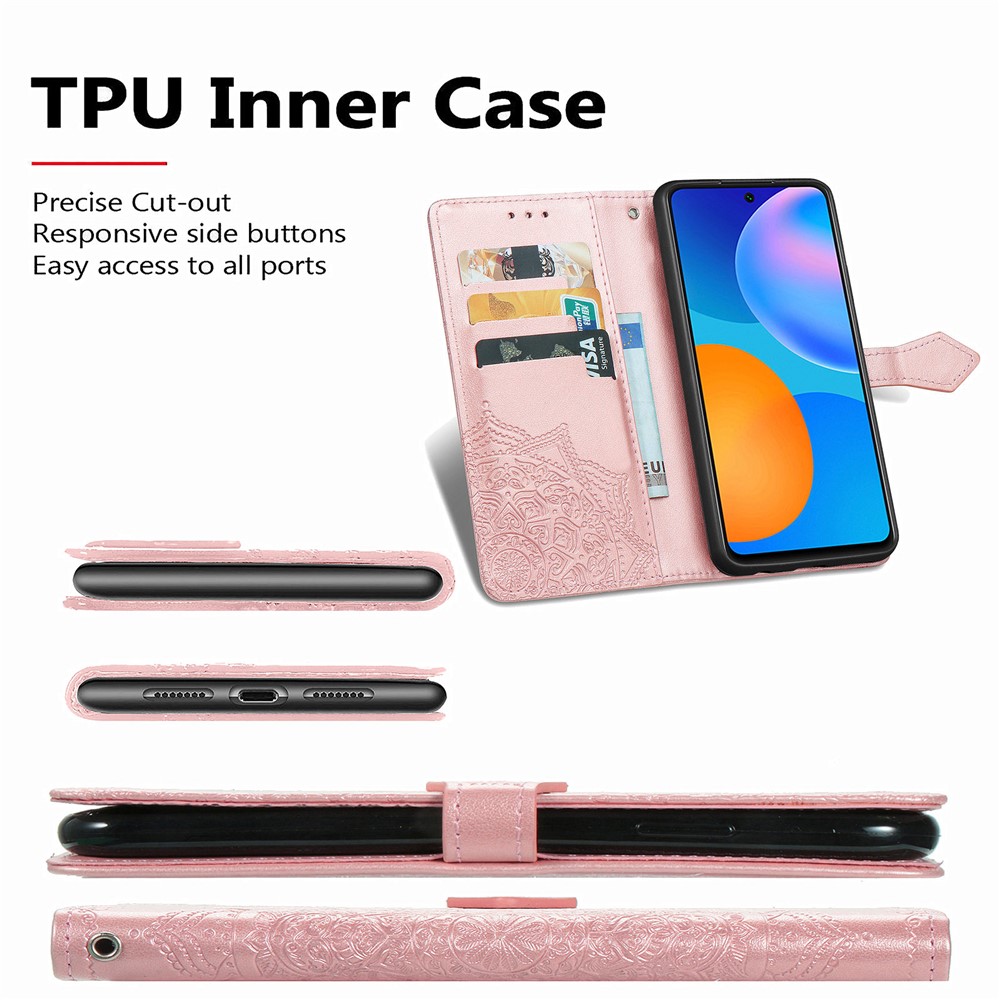 Embossed Mandala Flower Leather Case with Wallet Stand for Huawei P smart 2021 / Y7a - Rose Gold-12