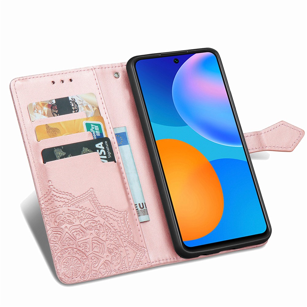 Geprägte Mandala Blumenlederhülle Mit Brieftasche Für Huawei P Smart 2021 / Y7a - Roségold-9