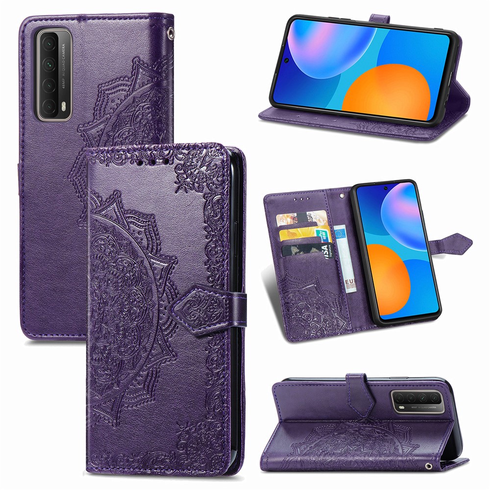 Embossed Mandala Flower Leather Case with Wallet Stand for Huawei P smart 2021 / Y7a - Purple-1