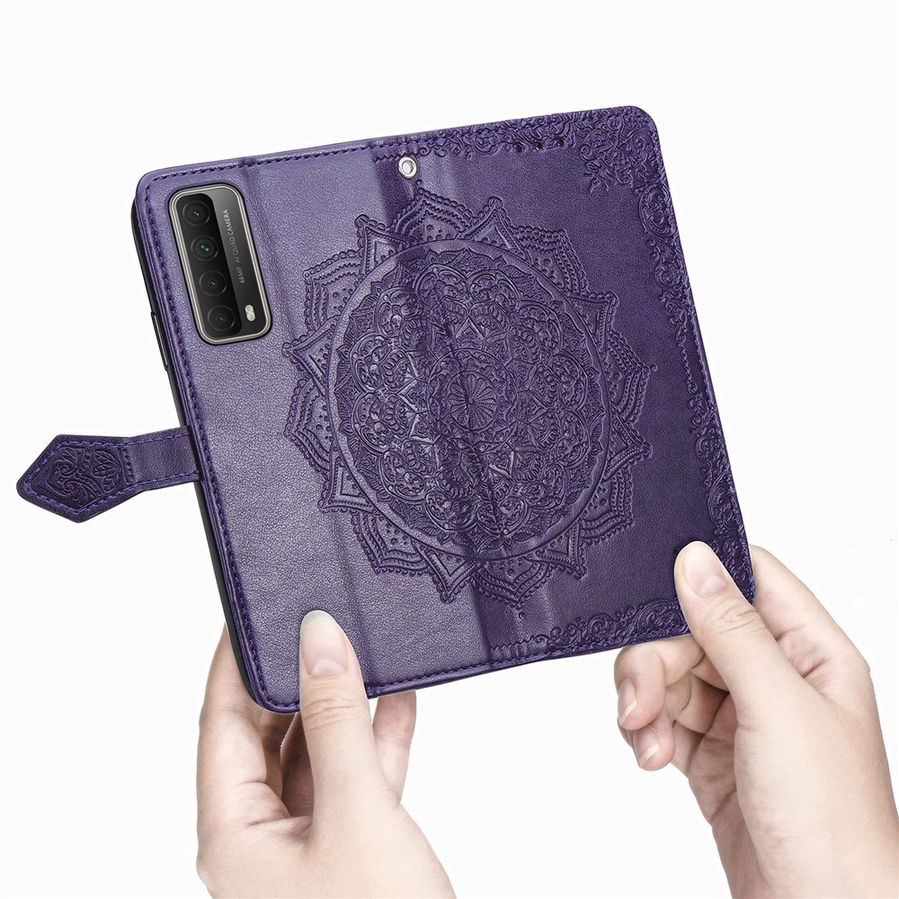 Embossed Mandala Flower Leather Case with Wallet Stand for Huawei P smart 2021 / Y7a - Purple-10