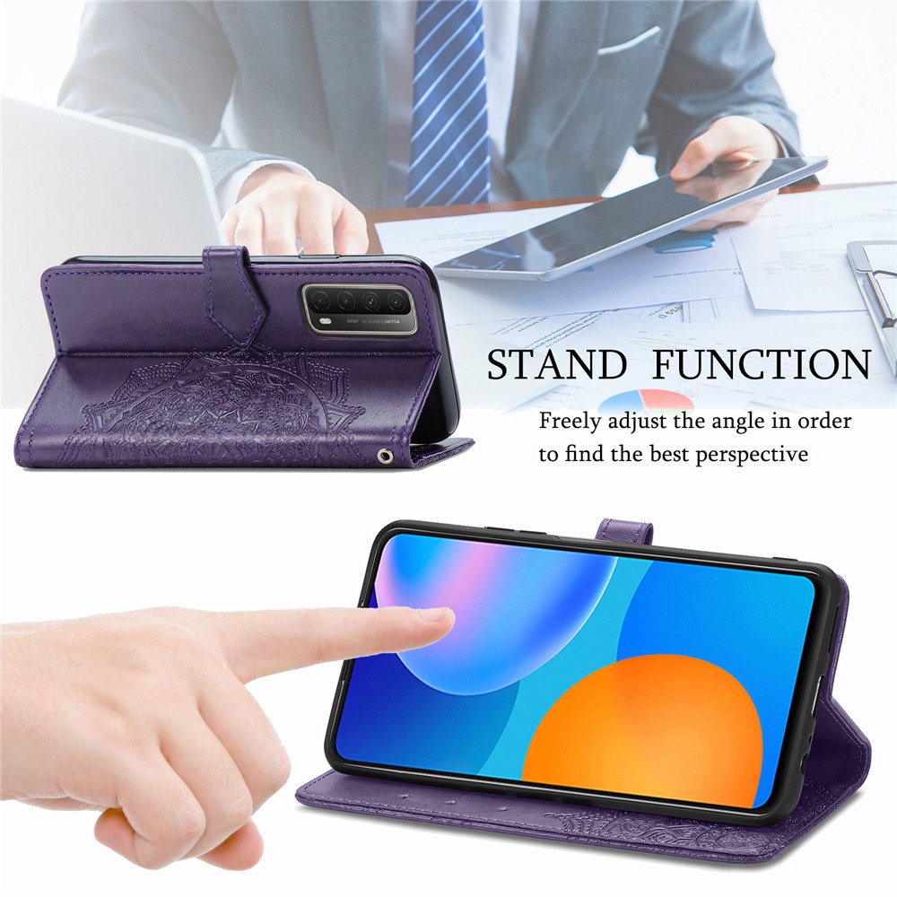 Embossed Mandala Flower Leather Case with Wallet Stand for Huawei P smart 2021 / Y7a - Purple-11