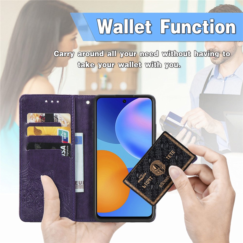 Embossed Mandala Flower Leather Case with Wallet Stand for Huawei P smart 2021 / Y7a - Purple-13