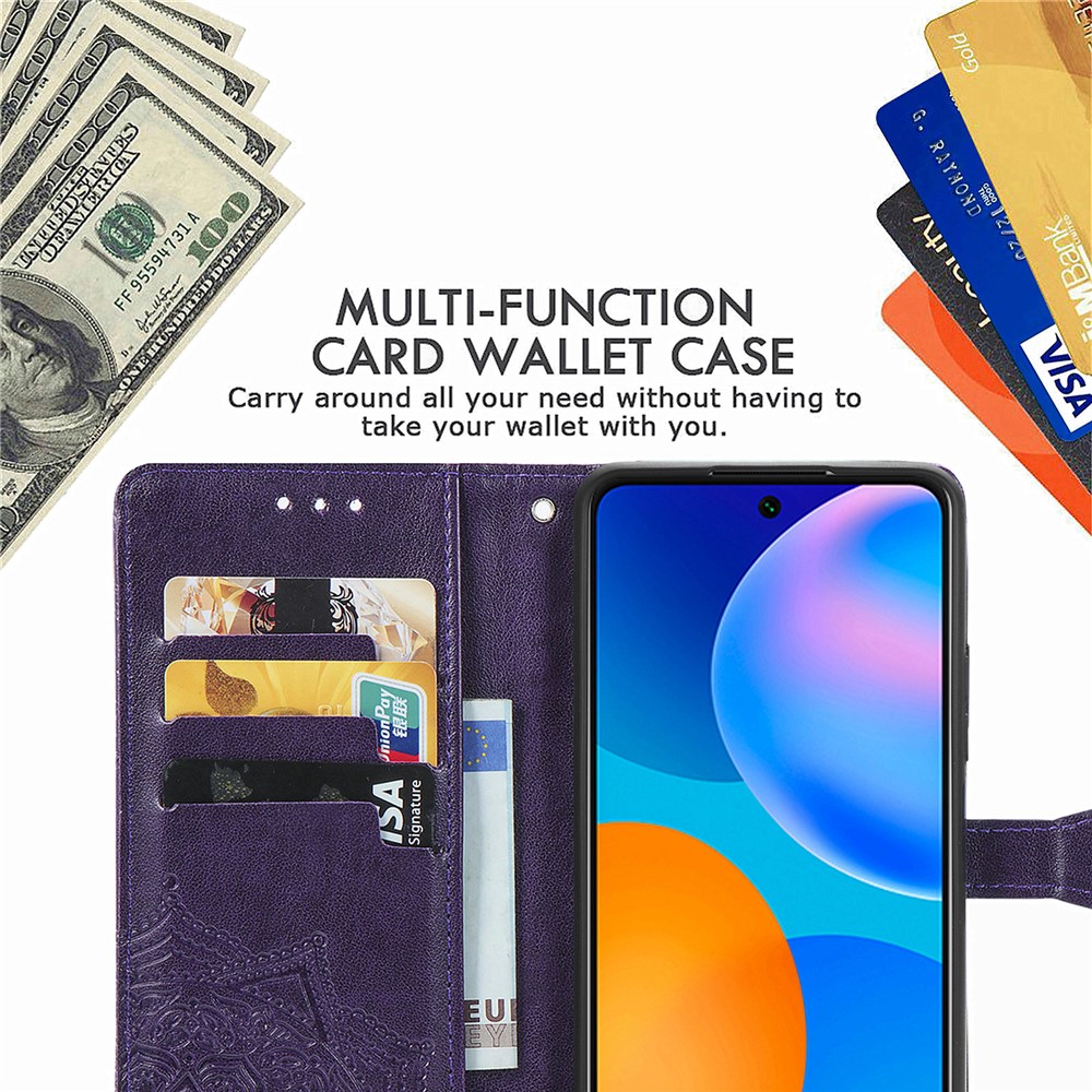 Embossed Mandala Flower Leather Case with Wallet Stand for Huawei P smart 2021 / Y7a - Purple-16
