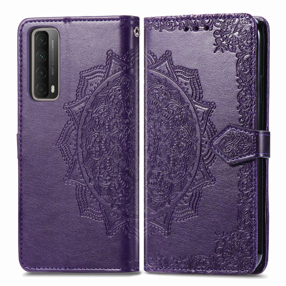 Embossed Mandala Flower Leather Case with Wallet Stand for Huawei P smart 2021 / Y7a - Purple-3