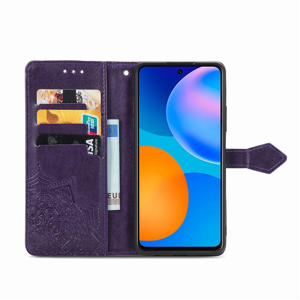 Embossed Mandala Flower Leather Case with Wallet Stand for Huawei P smart 2021 / Y7a - Purple-6