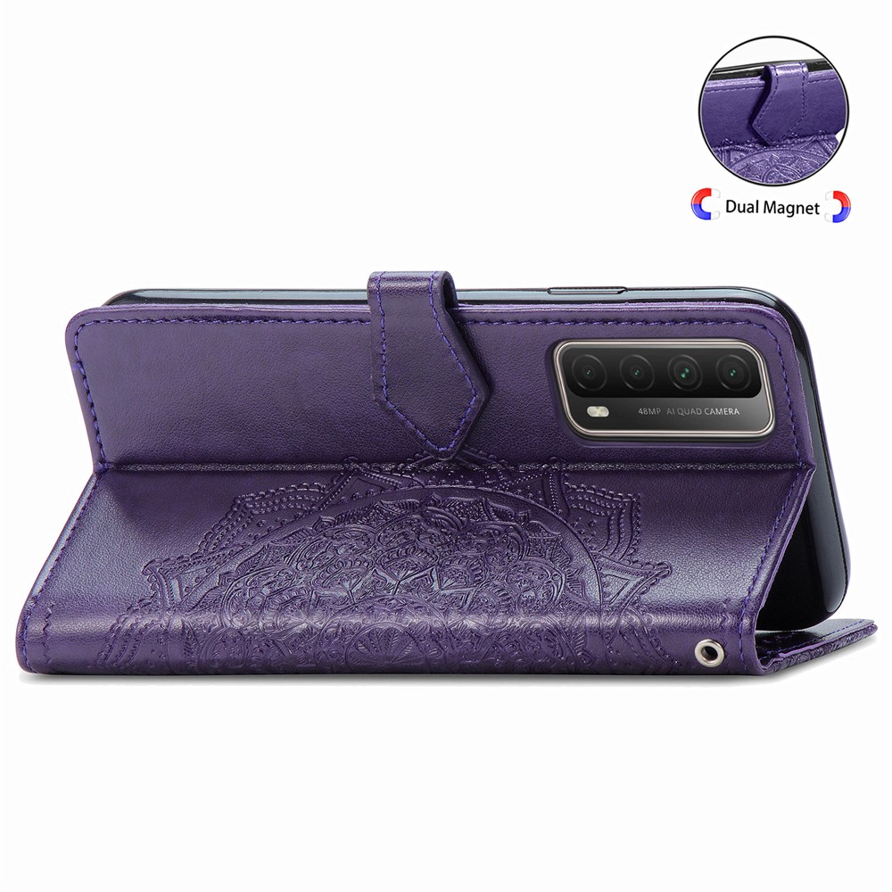 Embossed Mandala Flower Leather Case with Wallet Stand for Huawei P smart 2021 / Y7a - Purple-8