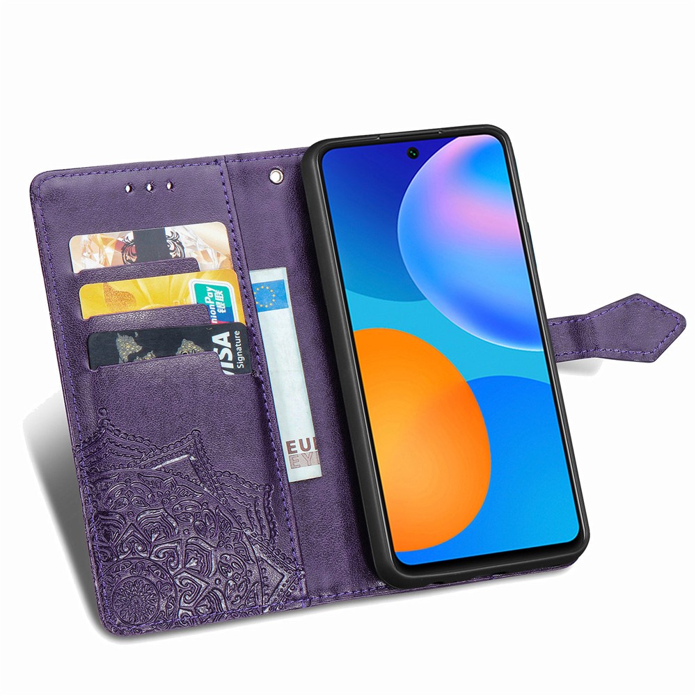 Embossed Mandala Flower Leather Case with Wallet Stand for Huawei P smart 2021 / Y7a - Purple-9