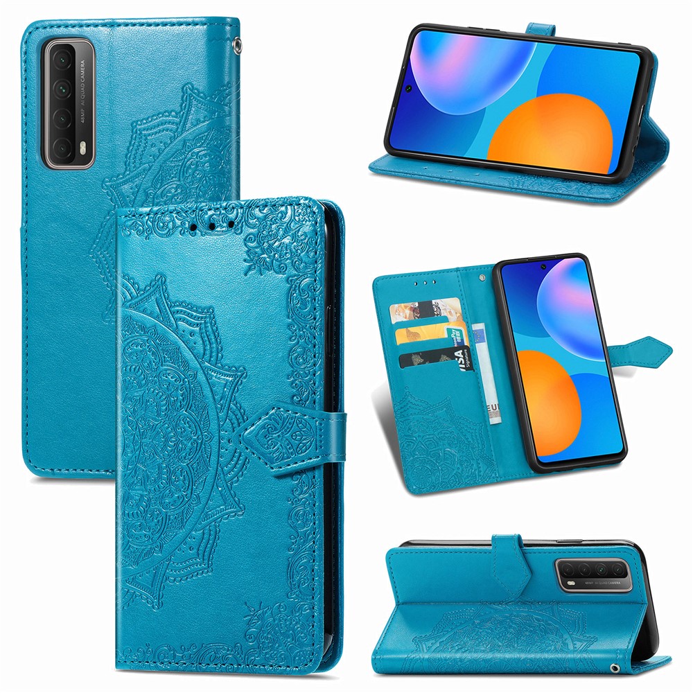 Embossed Mandala Flower Leather Case with Wallet Stand for Huawei P smart 2021 / Y7a - Blue-1