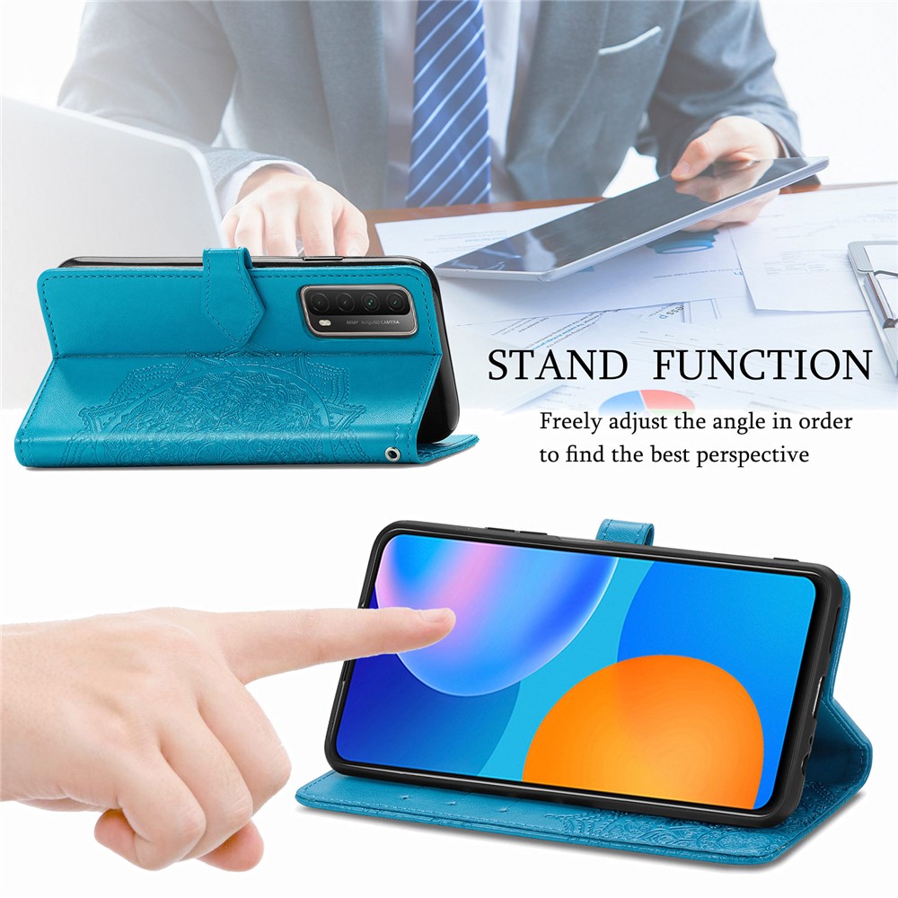 Embossed Mandala Flower Leather Case with Wallet Stand for Huawei P smart 2021 / Y7a - Blue-11